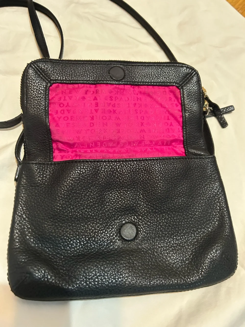 kate spade Black Pebbled Leather Flap Crossbody with Gold Hardware